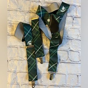 MSU SPARTANS OXFORD SUSPENDERS EAGLE BRAND ADJUSTABLE GREEN/WHITE PLAID O/S